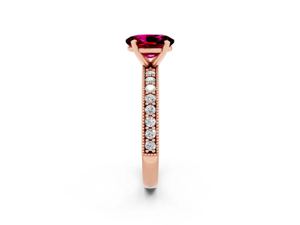 Rose gold Oval Cut Garnet Milgrain Pavé Engagement Ring with Four-Prong Setting