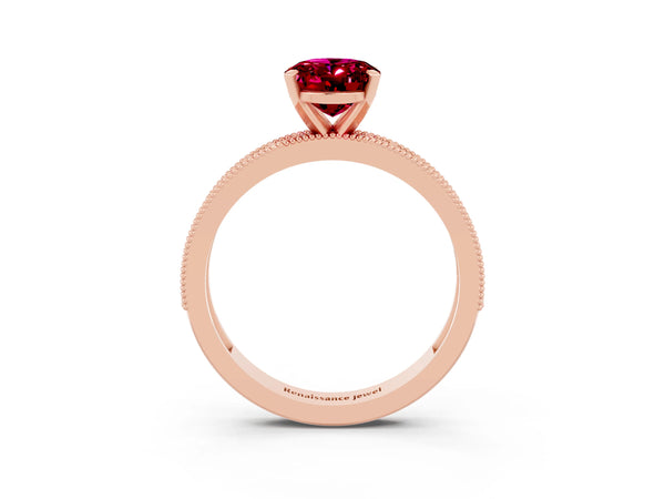 Rose gold Oval Cut Garnet Milgrain Pavé Engagement Ring with Four-Prong Setting