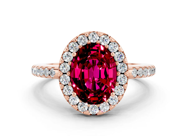 Rose gold Oval Cut Garnet Pavé Halo Ring with Four-Prong Setting