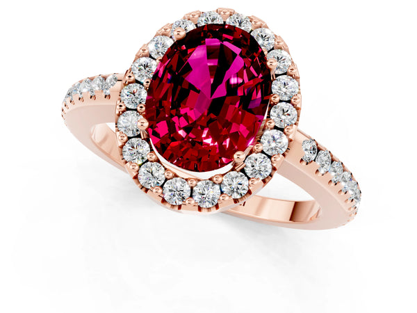 Rose gold Oval Cut Garnet Pavé Halo Ring with Four-Prong Setting