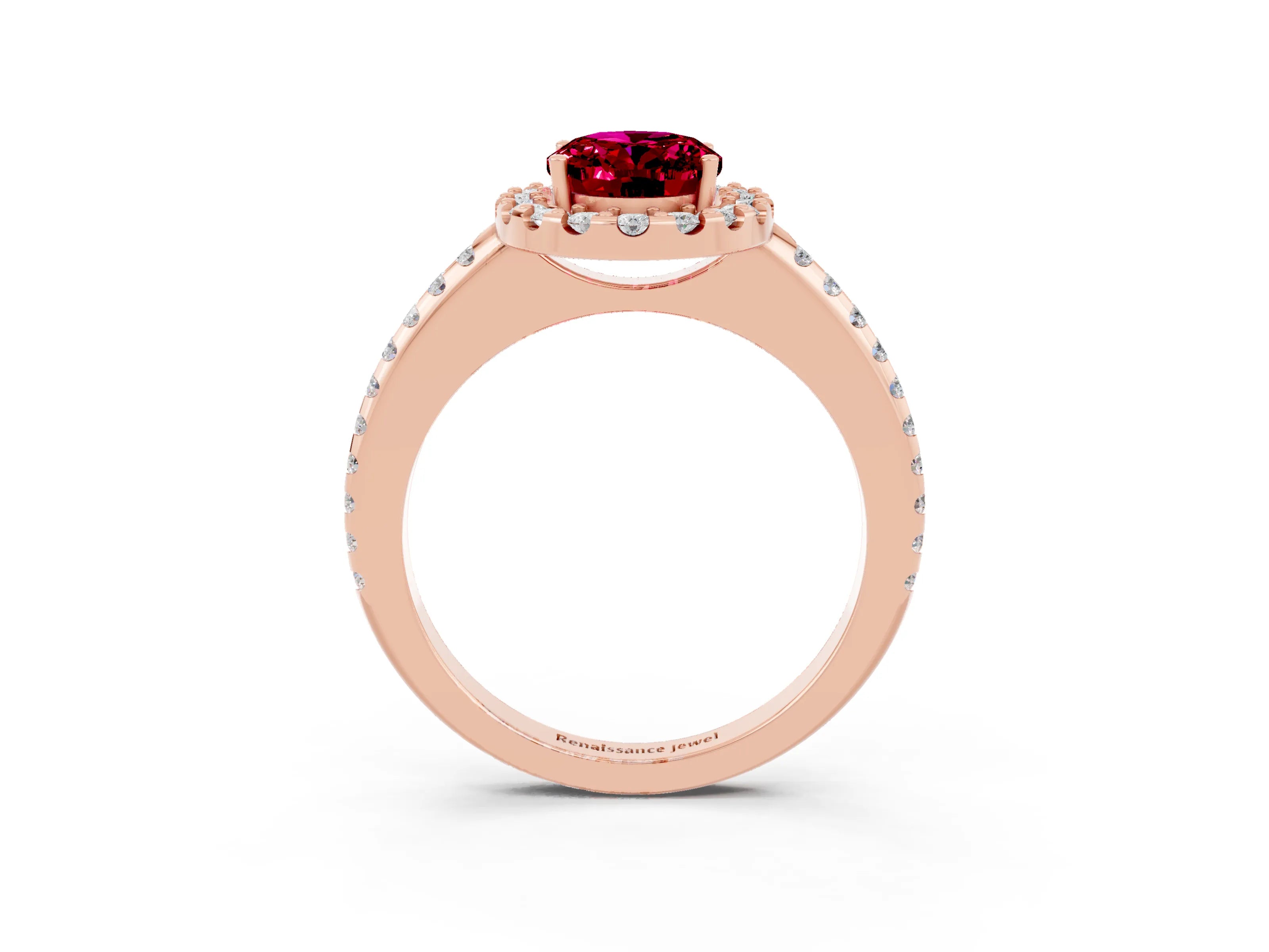 Rose gold Oval Cut Garnet Pavé Halo Ring with Four-Prong Setting_15