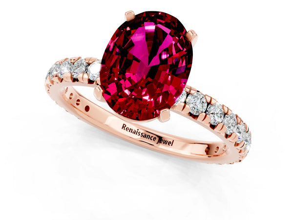 Rose gold Oval Cut Garnet Pavé Solitaire Ring with Round Band and Prong Setting