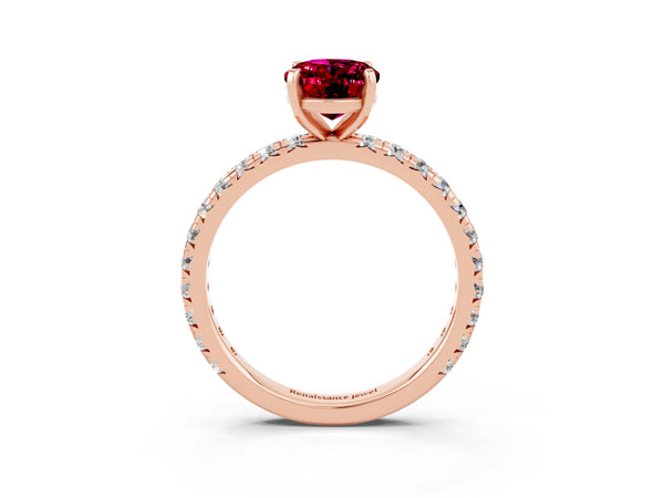 Rose gold Oval Cut Garnet Pavé Solitaire Ring with Round Band and Prong Setting