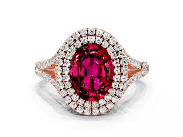 Rose gold Oval Cut Garnet Pavé Split Shank Double Halo Engagement Ring