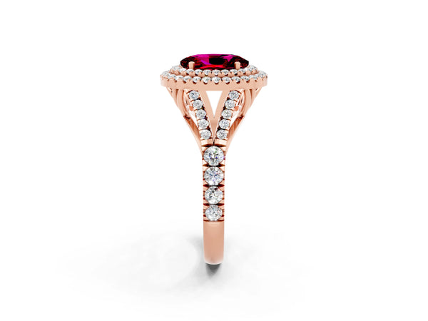 Rose gold Oval Cut Garnet Pavé Split Shank Double Halo Engagement Ring