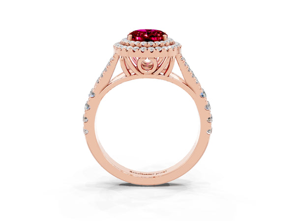 Rose gold Oval Cut Garnet Pavé Split Shank Double Halo Engagement Ring