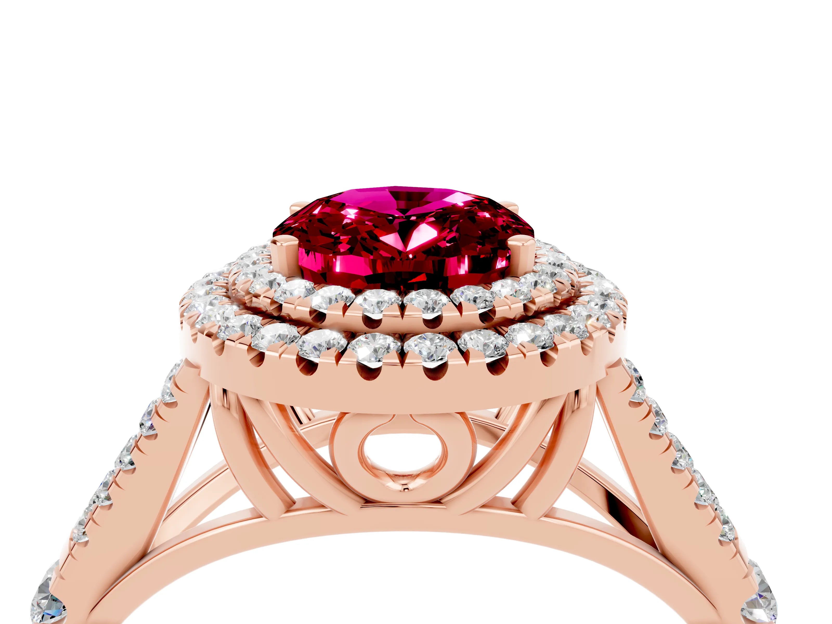 Rose gold Oval Cut Garnet Pavé Split Shank Double Halo Engagement Ring_4