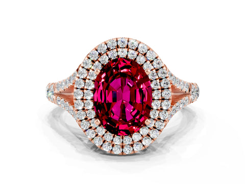 Rose gold Oval Cut Garnet Pavé Split Shank Double Halo Engagement Ring