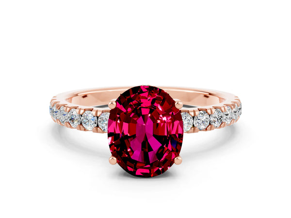 Rose gold Oval Cut Garnet Pave Band Solitaire Ring with Round  and Prong Setting