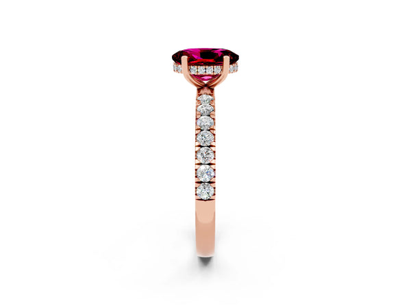 Rose gold Oval Cut Garnet Pave Band Solitaire Ring with Round  and Prong Setting