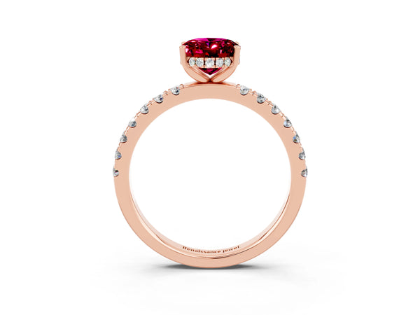 Rose gold Oval Cut Garnet Pave Band Solitaire Ring with Round  and Prong Setting