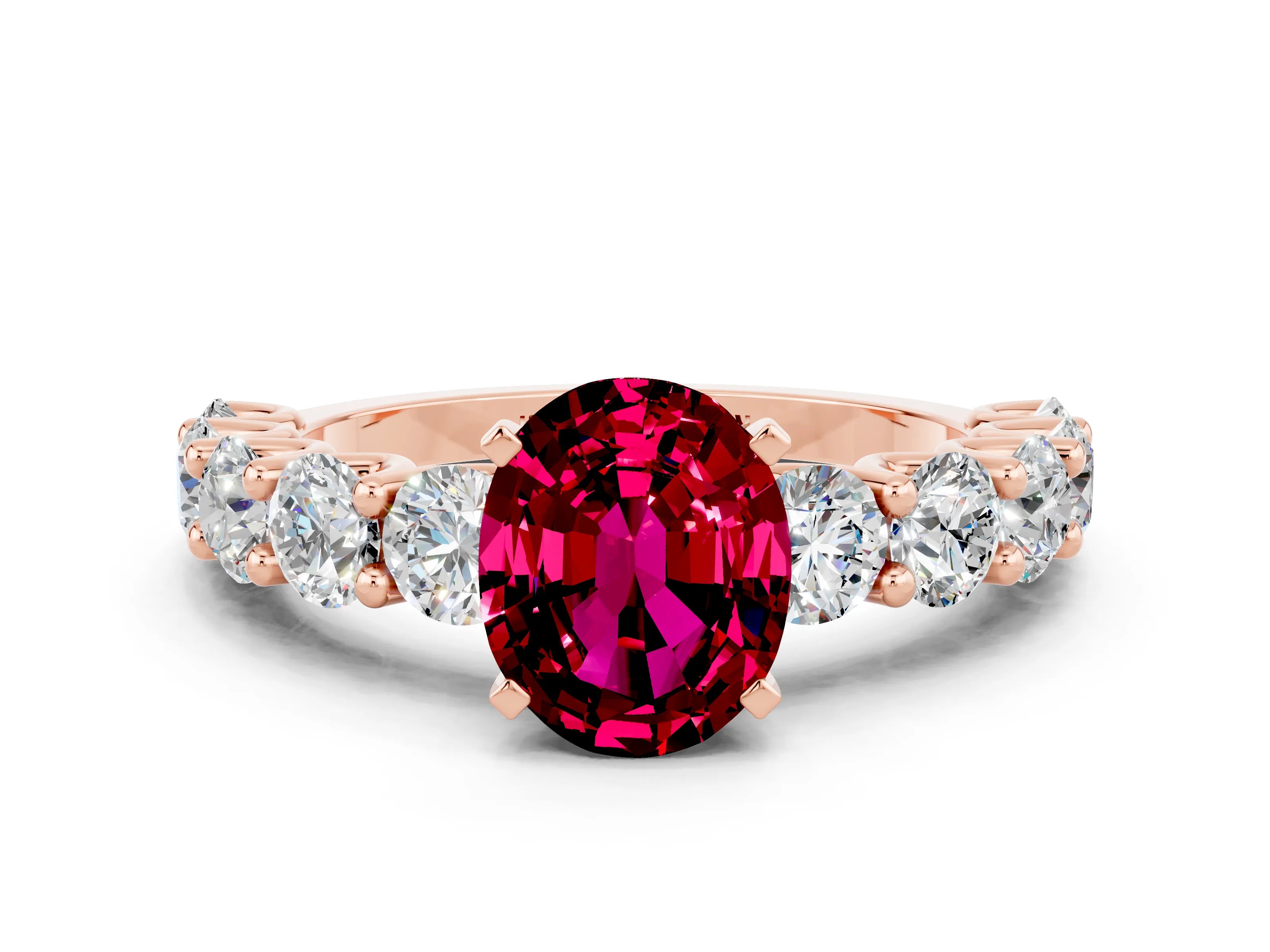 Rose gold Oval Cut Garnet Prong Setting with Side Stones on a Pave Band
