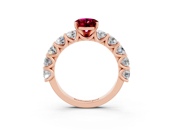 Rose gold Oval Cut Garnet Prong Setting with Side Stones on a Pave Band