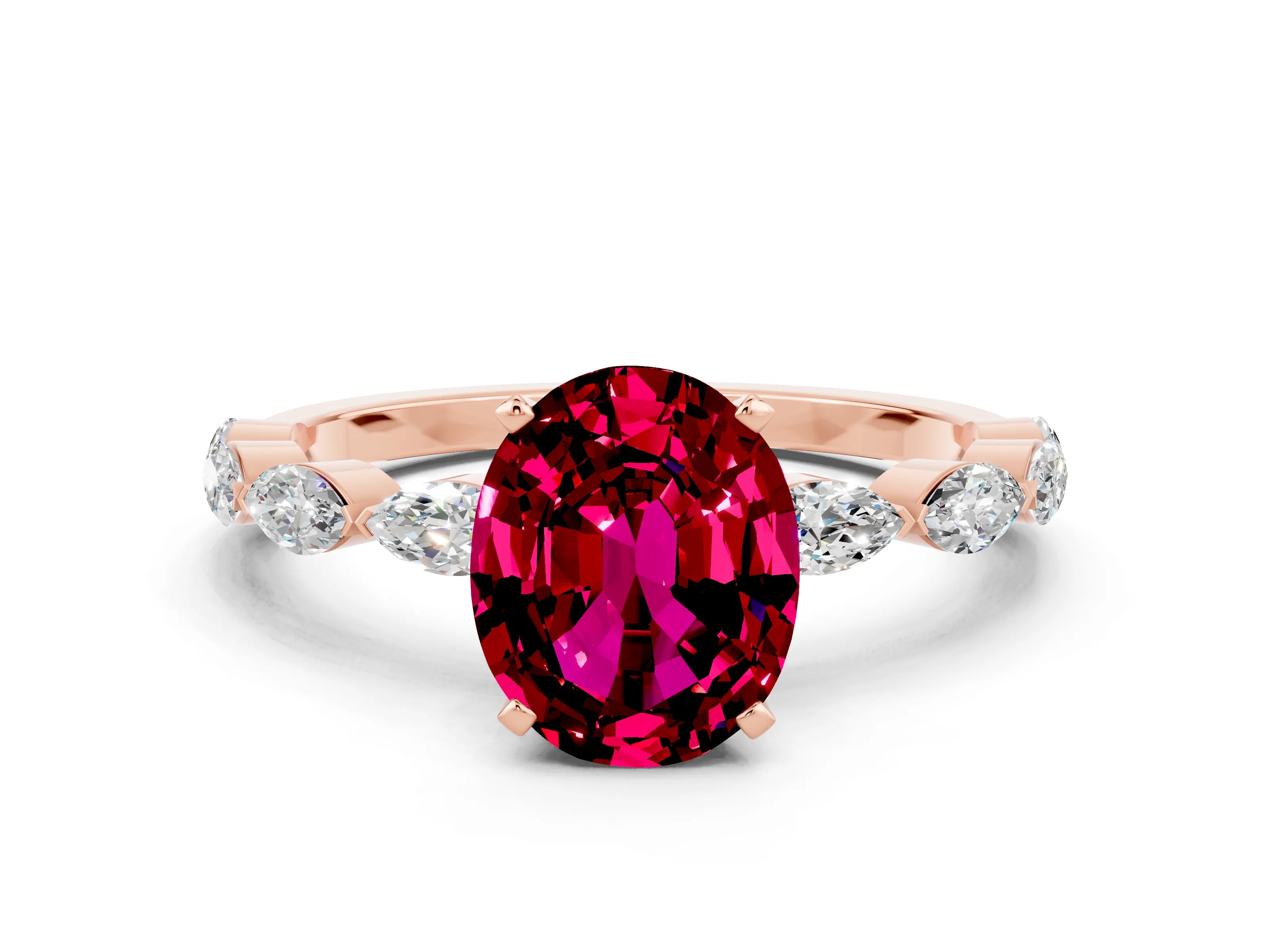 Rose gold Oval Cut Garnet Ring with Marquise Side Stones and Prong Setting