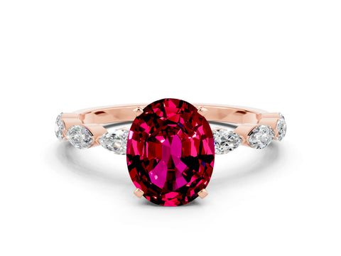 Rose gold Oval Cut Garnet Ring with Marquise Side Stones and Prong Setting