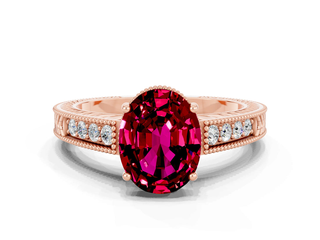 Rose gold Oval Cut Garnet Ring with Milgrain Pavé Band and Four-Prong Setting_12