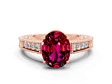 Rose gold Oval Cut Garnet Ring with Milgrain Pavé Band and Four-Prong Setting_12