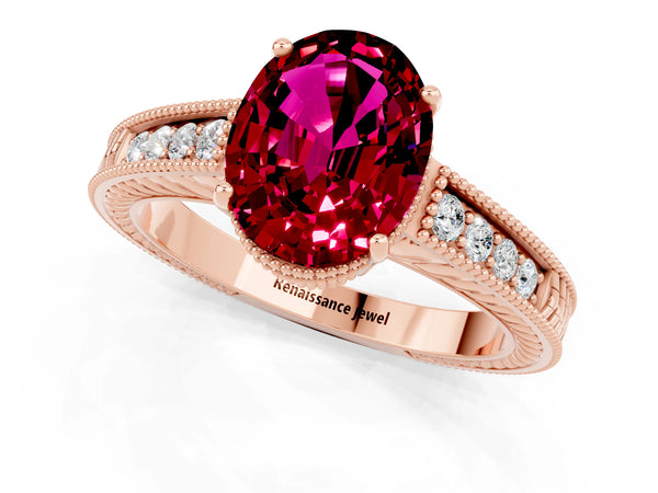 Rose gold Oval Cut Garnet Ring with Milgrain Pavé Band and Four-Prong Setting