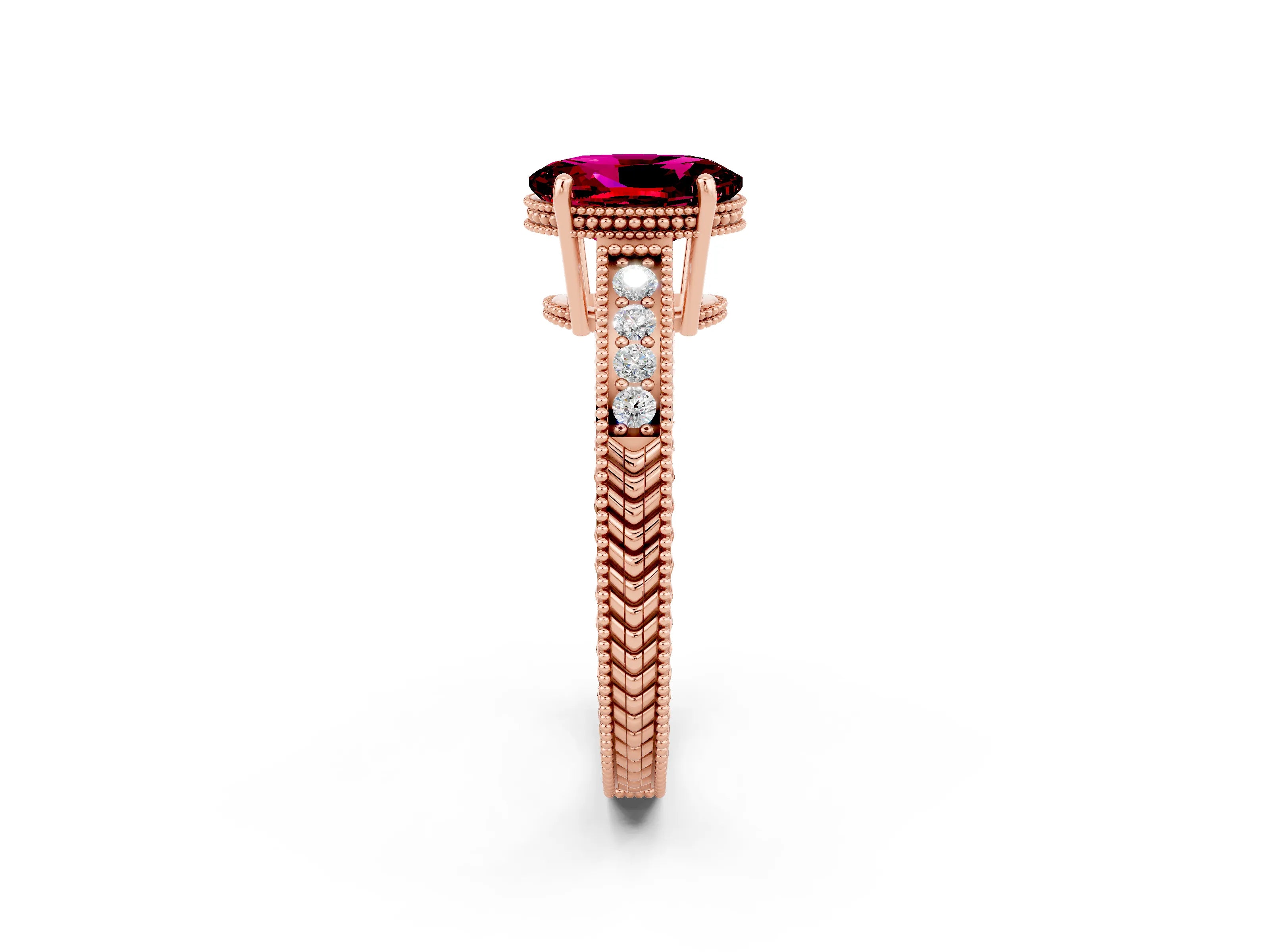 Rose gold Oval Cut Garnet Ring with Milgrain Pavé Band and Four-Prong Setting_14