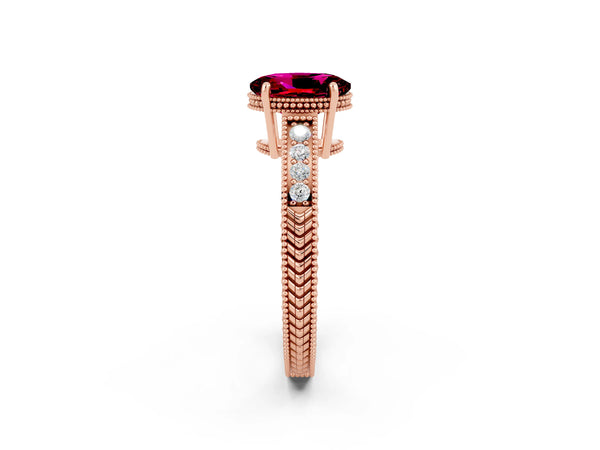 Rose gold Oval Cut Garnet Ring with Milgrain Pavé Band and Four-Prong Setting