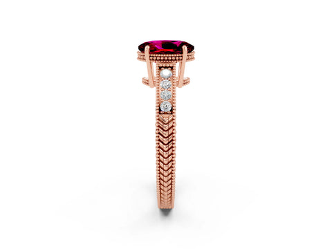 Rose gold Oval Cut Garnet Ring with Milgrain Pavé Band and Four-Prong Setting_14