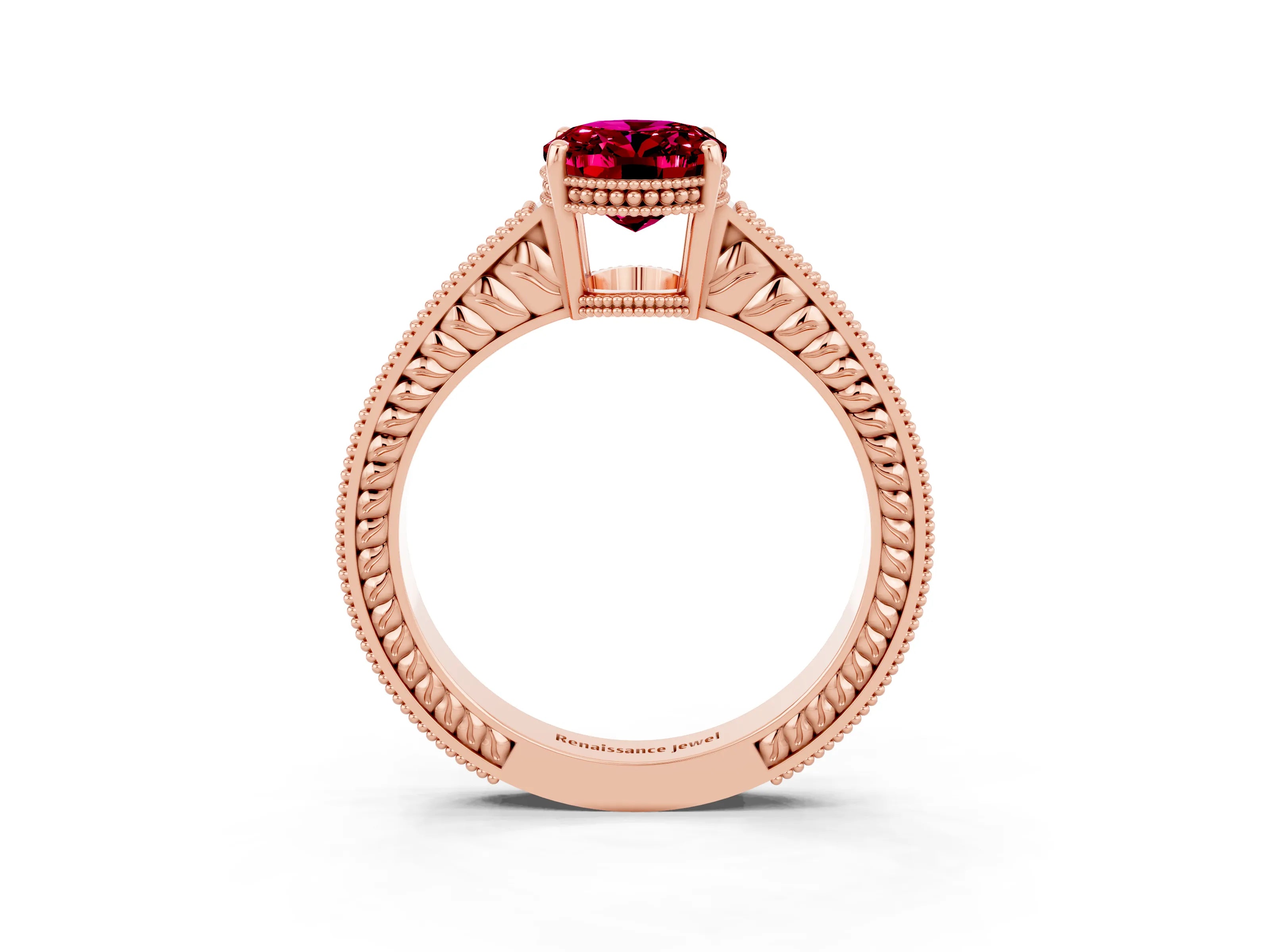 Rose gold Oval Cut Garnet Ring with Milgrain Pavé Band and Four-Prong Setting_15