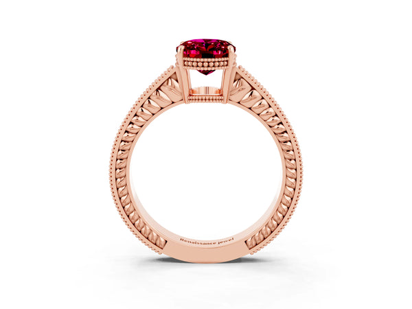 Rose gold Oval Cut Garnet Ring with Milgrain Pavé Band and Four-Prong Setting