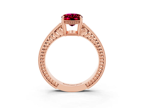 Rose gold Oval Cut Garnet Ring with Milgrain Pavé Band and Four-Prong Setting_15