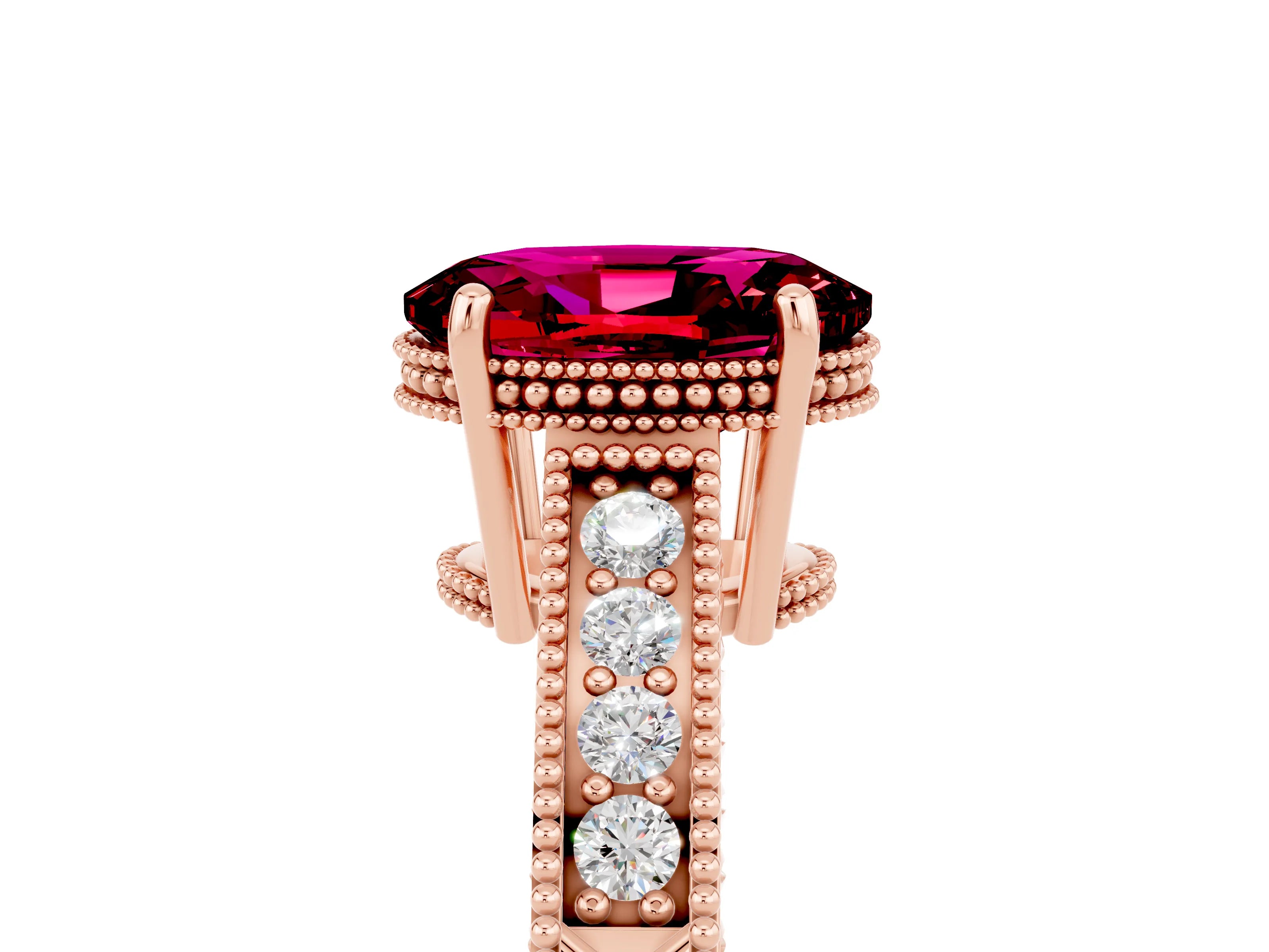 Rose gold Oval Cut Garnet Ring with Milgrain Pavé Band and Four-Prong Setting_17