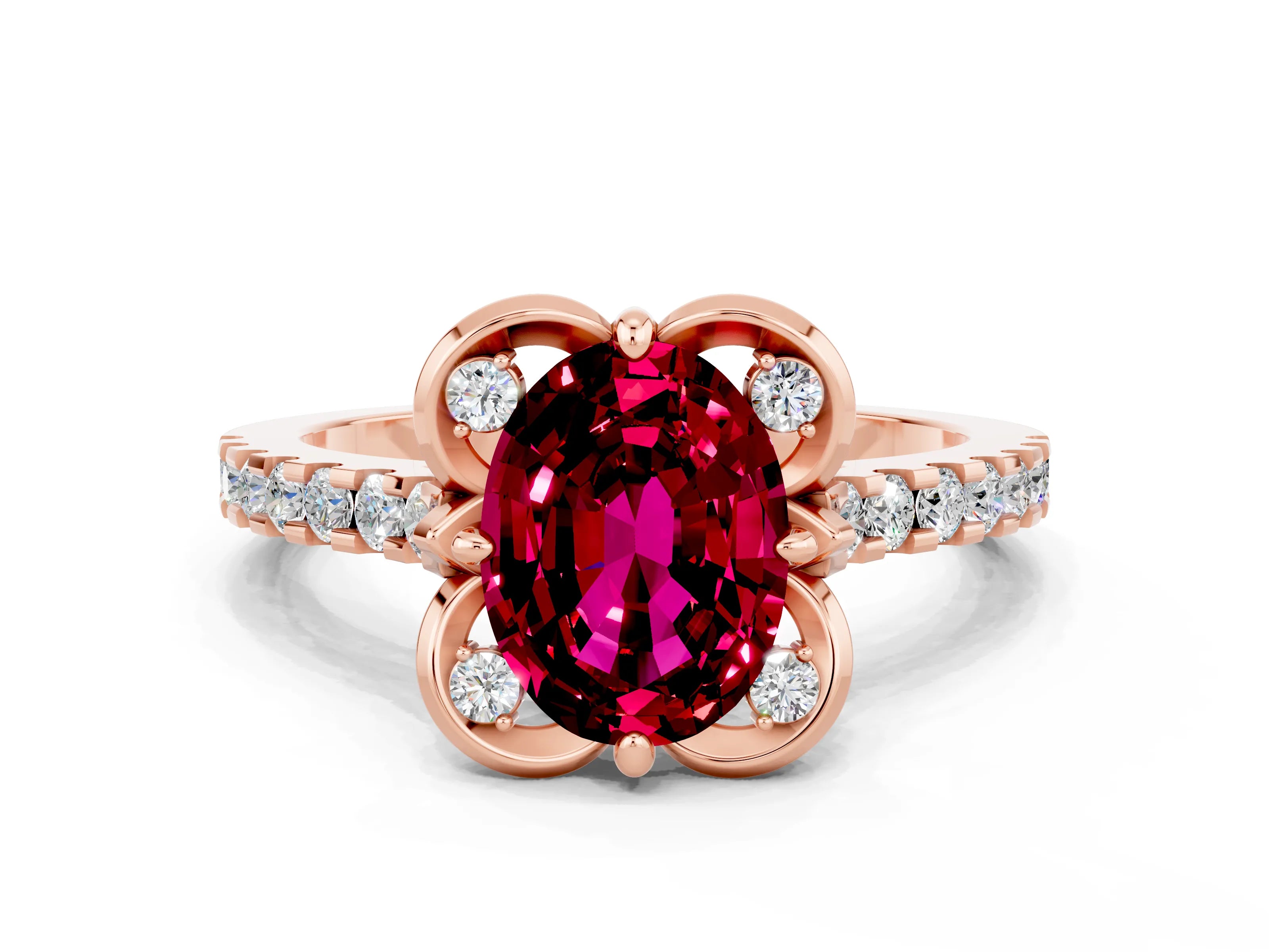 Rose gold Oval Cut Garnet Ring with Pavé Band and Floral Prong Setting