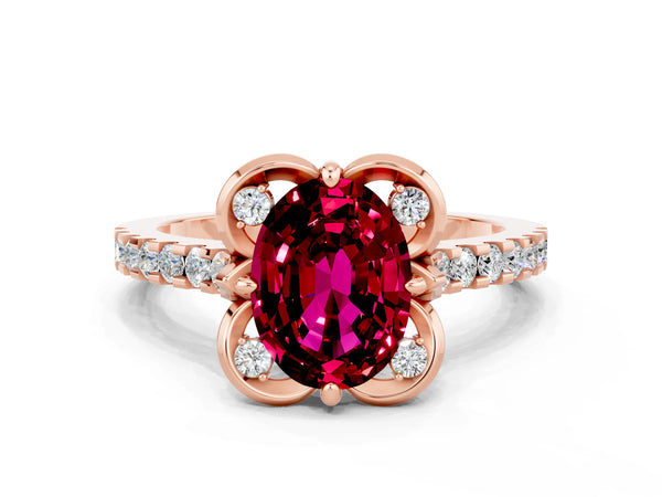 Rose gold Oval Cut Garnet Ring with Pavé Band and Floral Prong Setting