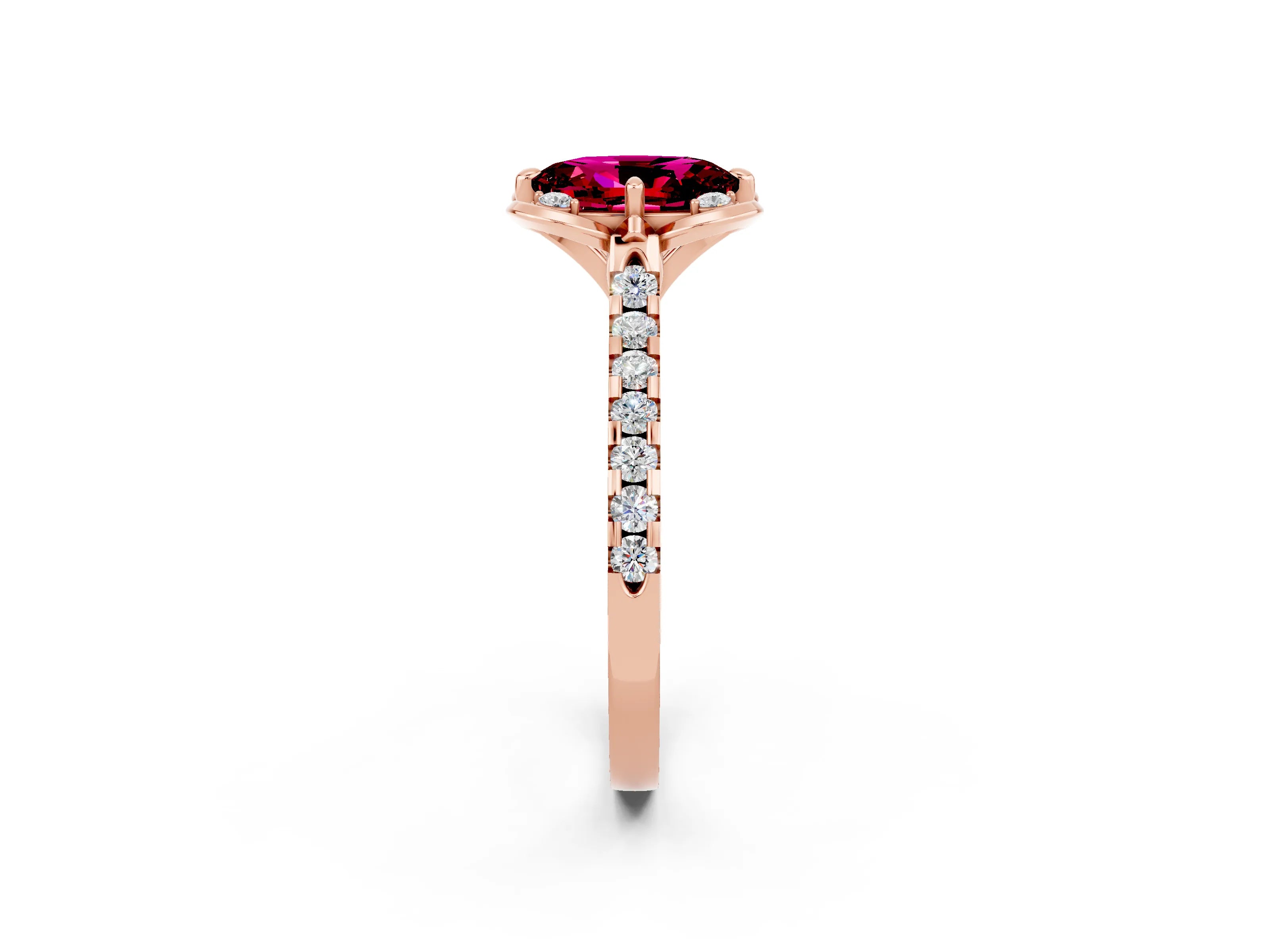Rose gold Oval Cut Garnet Ring with Pavé Band and Floral Prong Setting_2