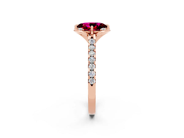 Rose gold Oval Cut Garnet Ring with Pavé Band and Floral Prong Setting