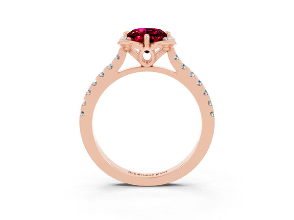 Rose gold Oval Cut Garnet Ring with Pavé Band and Floral Prong Setting