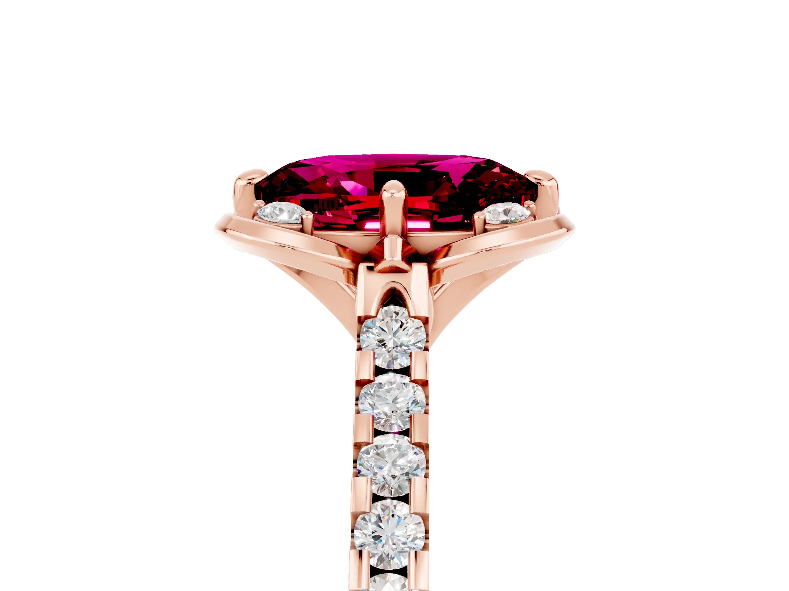 Rose gold Oval Cut Garnet Ring with Pavé Band and Floral Prong Setting_5