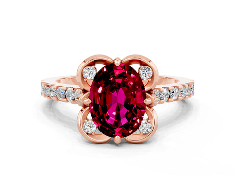 Rose gold Oval Cut Garnet Ring with Pavé Band and Floral Prong Setting