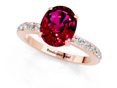 Rose gold Oval Cut Garnet Ring with Pavé Band and Four-Prong Setting_1