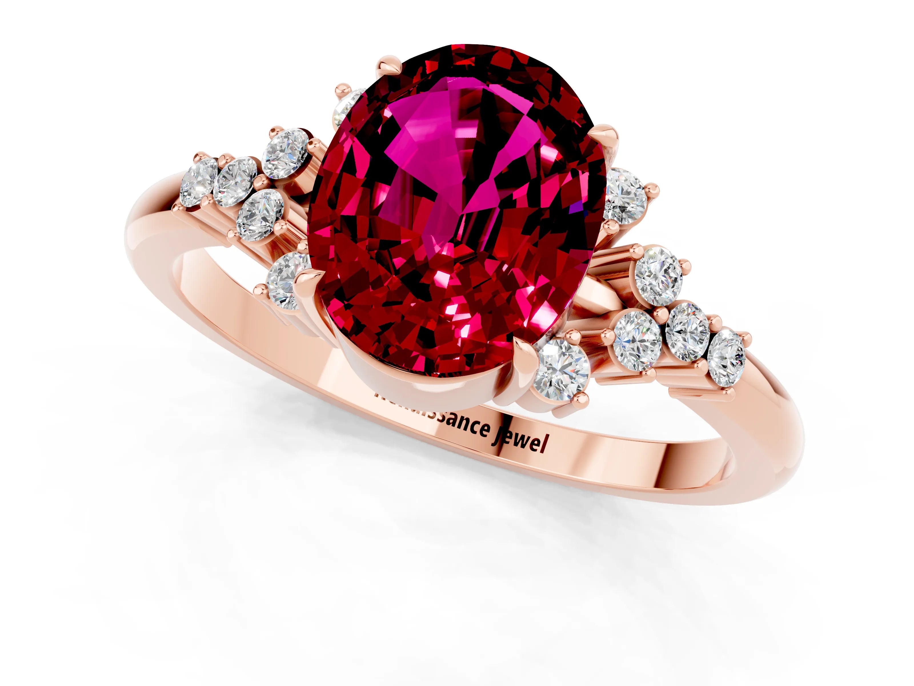 Rose gold Oval Cut Garnet Ring with Side Stones and Four-Prong Setting_73