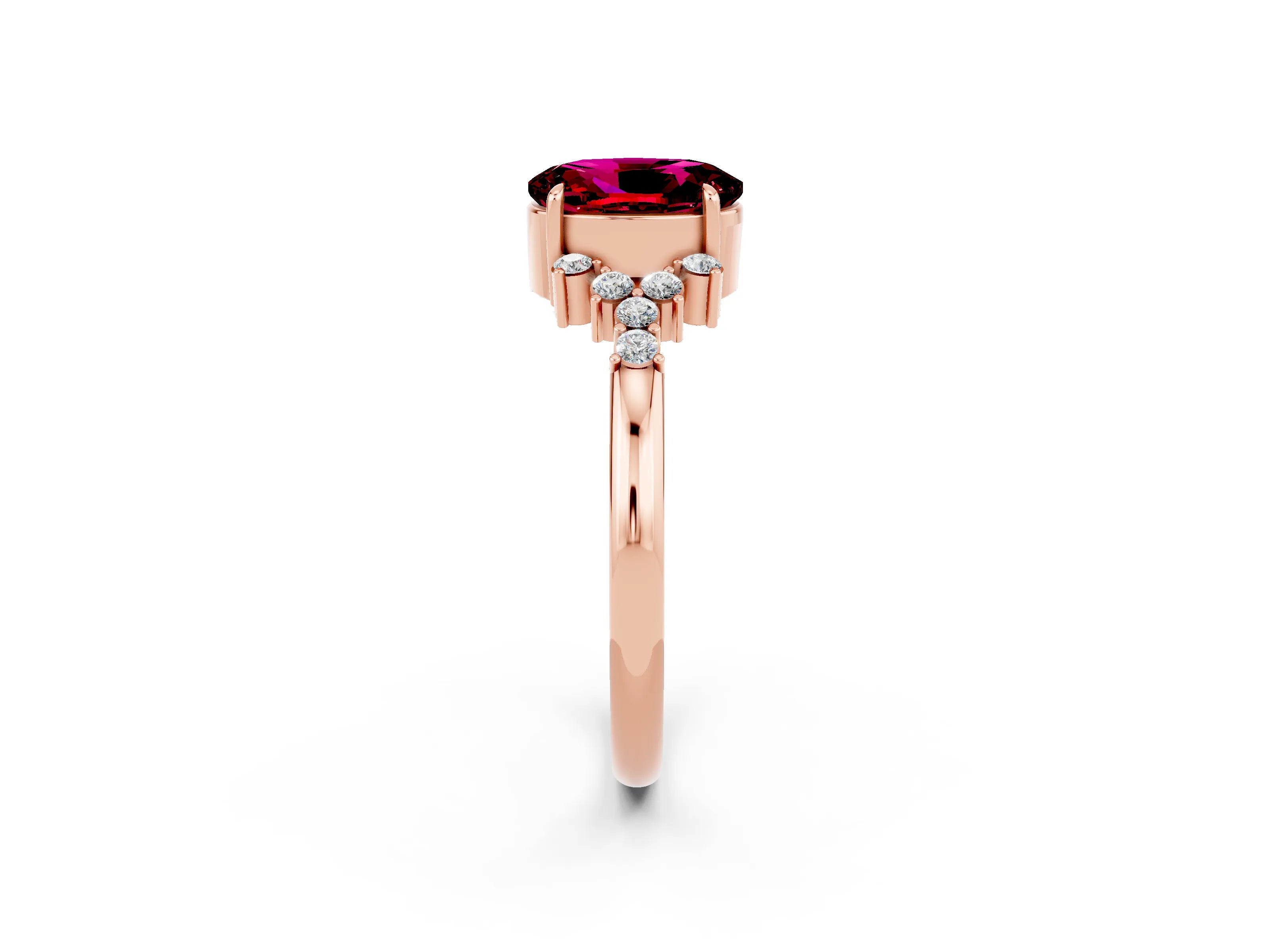 Rose gold Oval Cut Garnet Ring with Side Stones and Four-Prong Setting_74