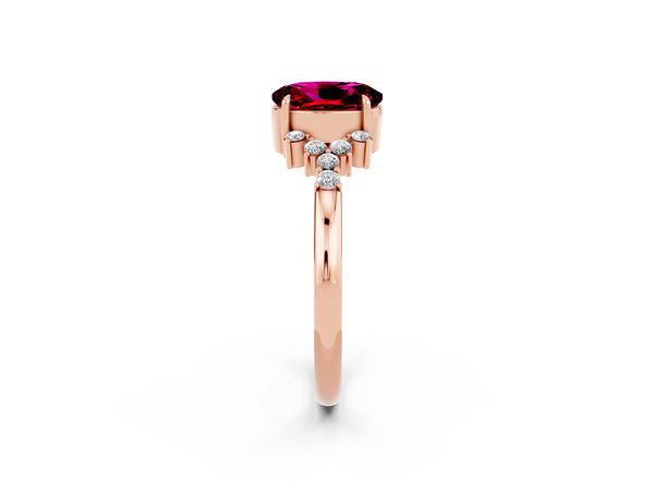 Rose gold Oval Cut Garnet Ring with Side Stones and Four-Prong Setting