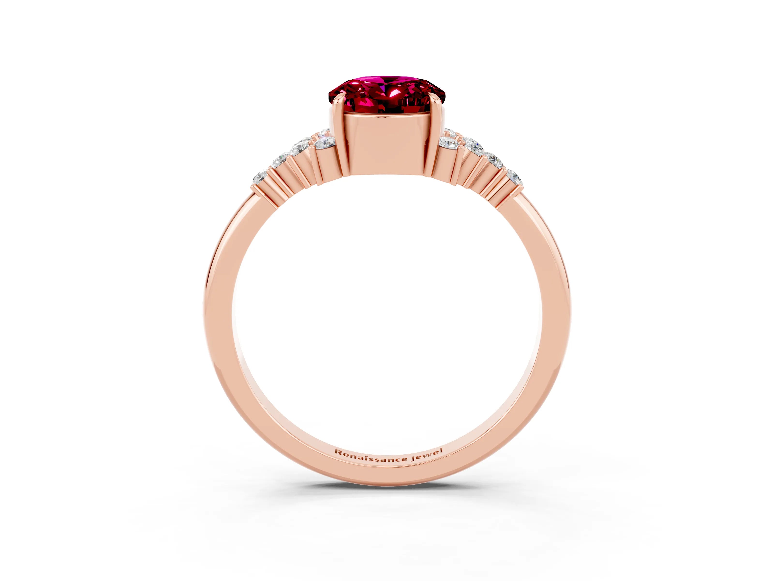 Rose gold Oval Cut Garnet Ring with Side Stones and Four-Prong Setting_75
