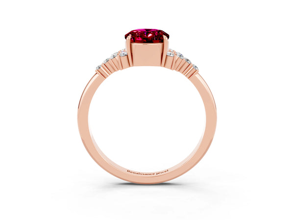 Rose gold Oval Cut Garnet Ring with Side Stones and Four-Prong Setting