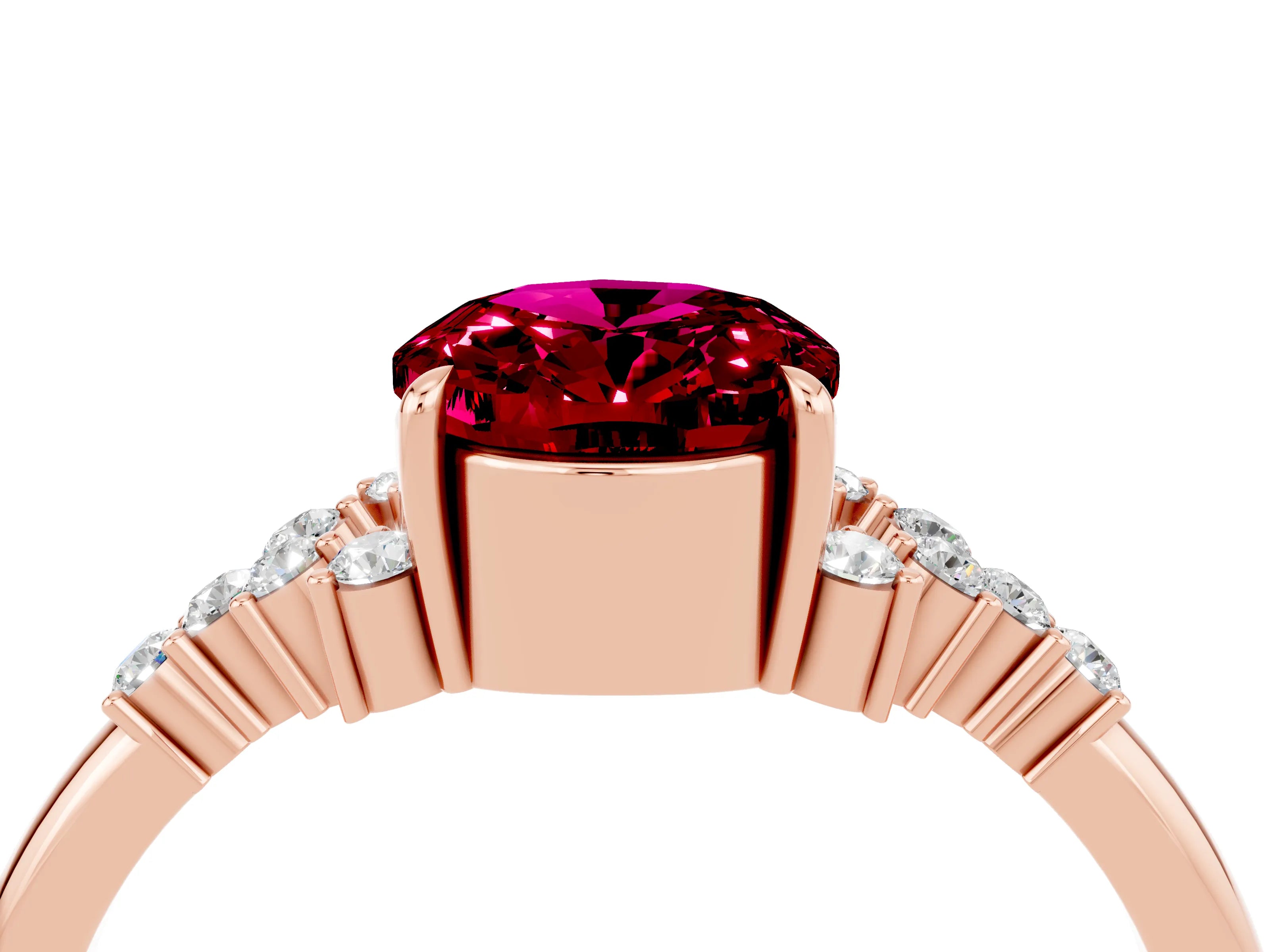 Rose gold Oval Cut Garnet Ring with Side Stones and Four-Prong Setting_76
