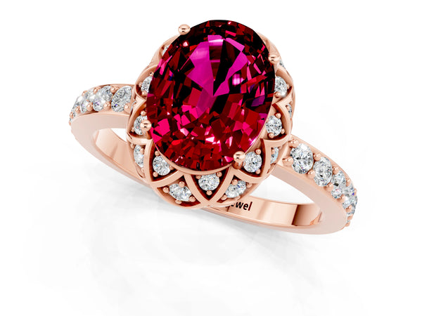Rose gold Oval Cut Garnet Scalloped Halo Engagement Ring with Round Shared Prong Band