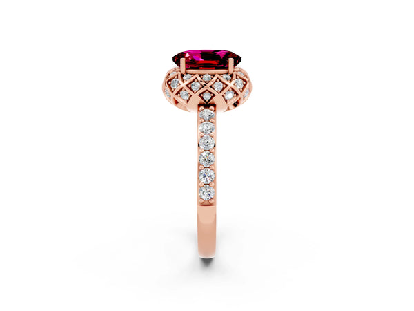 Rose gold Oval Cut Garnet Scalloped Halo Engagement Ring with Round Shared Prong Band