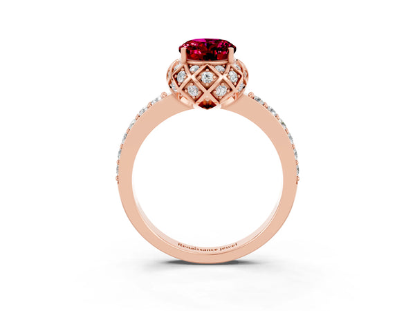 Rose gold Oval Cut Garnet Scalloped Halo Engagement Ring with Round Shared Prong Band