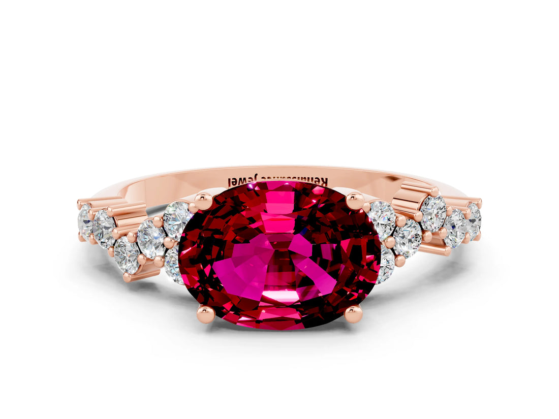 Rose gold Oval Cut Garnet Scattered Round Accent Ring with Prong Setting_12
