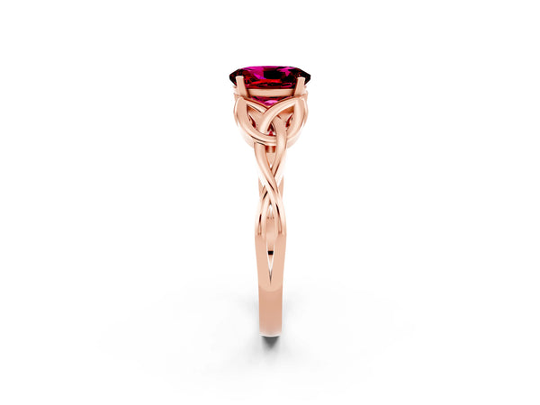 Rose gold Oval Cut Garnet Solitaire Celtic Knot Ring with Four-Prong Setting