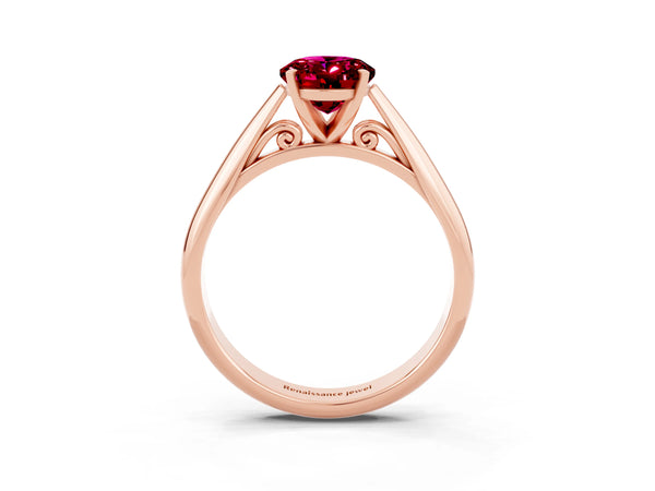 Rose gold Oval Cut Garnet Solitaire Engagement Ring with Cathedral Setting and Four-Prong Mount