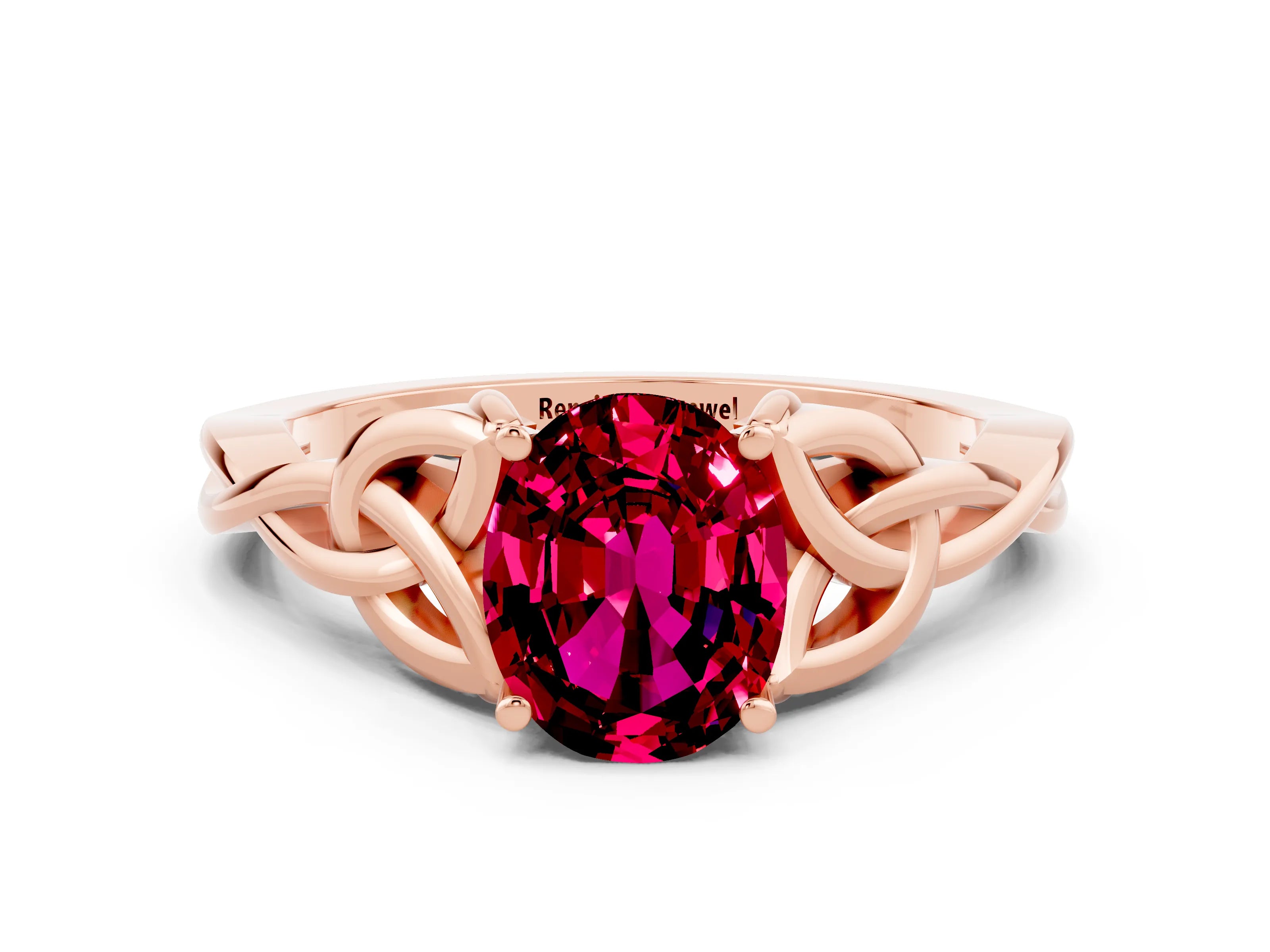 Rose gold Oval Cut Garnet Solitaire Engagement Ring with Celtic Knot Band and Four-Prong Setting